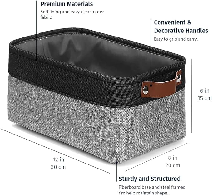 OrganiHaus Small Fabric Storage Baskets for Shelves 6 Pack, 12x8in Closet Storage Bins for Shelves, Cloth Baskets for Organizing, Linen Closet Organizers, Fabric Basket, Gray/Black