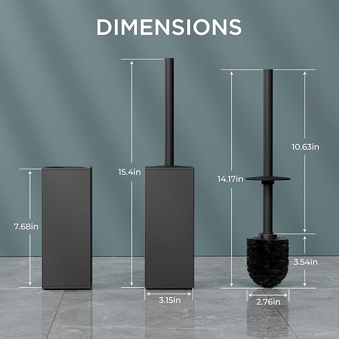 FORIOUS Toilet Brush and Holder Set, Heavy Duty 304 Stainless Steel Base Square and Long Handle for Bathroom Deep Cleaning, Drip-Proof, Space Saving for Storage, 2 Toilet Bowl Brush Head, Black