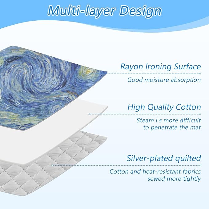 Ironing Mat Thickened Ironing Blanket Travel Portable Double-Side Using Ironing Pad Travel Isolate Heat Pad Cover for Washer Dryer Table Top Countertop (27.6x47.2in) Vangogh Starry Night