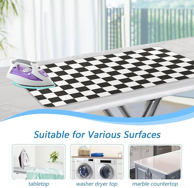 Checkered Black Ironing Mat Thickened Ironing Blanket Travel Portable Double-Side Using Ironing Pad Travel Isolate Heat Pad Cover for Washer Dryer Table Top Countertop 27.6x47.2in