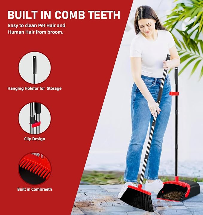 2-Pack is More economical，Broom and Dustpan， with 52" Long Handle, Dustpan Teeth with self-Cleaning Function, Indoor and Outdoor Sweeping, Perfect for Home Office