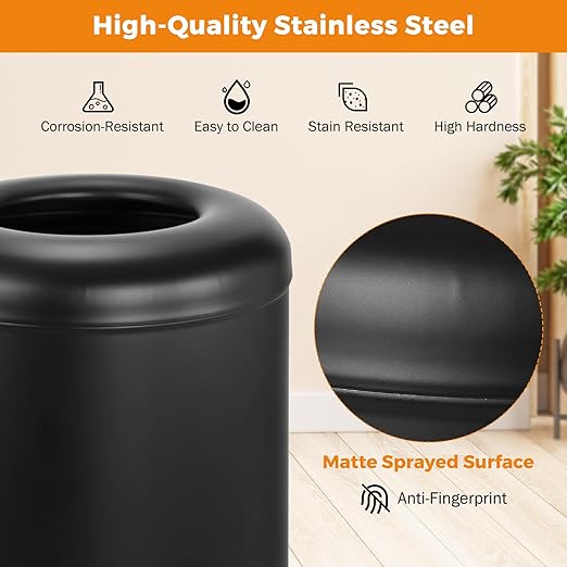 BEAMNOVA Commercial Trash Can 16.5 Gal Open Top Black Outdoor Indoor Garbage Enclosure Inner with Lid Inside Bucket 15 * 30.7 inch Stainless Steel Industrial Waste Container