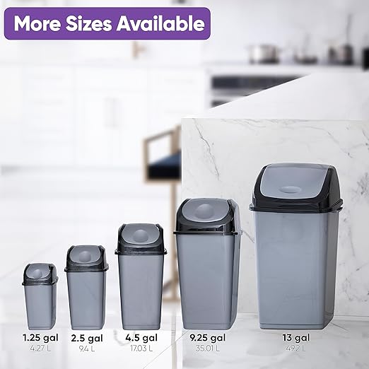 Superio Office Trash Can with Lid 9 Gallon Kitchen Garbage Can Bedroom Waste Basket 37 Qt. Swing Top Trashcan Plastic Durable Waste and Recycle Bin (2, Grey/Black)