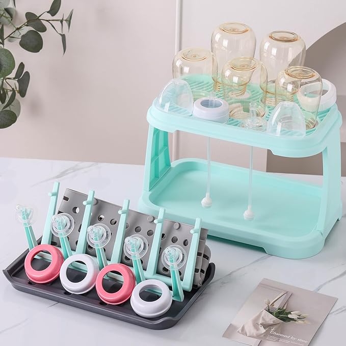 Baby Bottle Drying Rack:Space Saving Standing Drying Rack for Baby Bottles and Pump Part Cleaning,be Equipped with Bottle Brush (Blue)