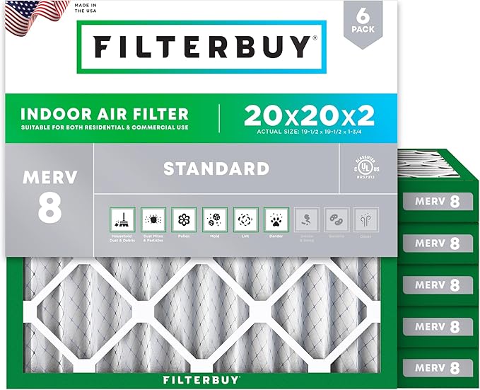 Filterbuy 20x20x2 Air Filter MERV 8 (MPR 700) Dust Defense Replacement (6-Pack), Electrostatic Pleated HVAC AC Furnace Filters, Made in USA (Actual Size: 19.50 x 19.50 x 1.75)