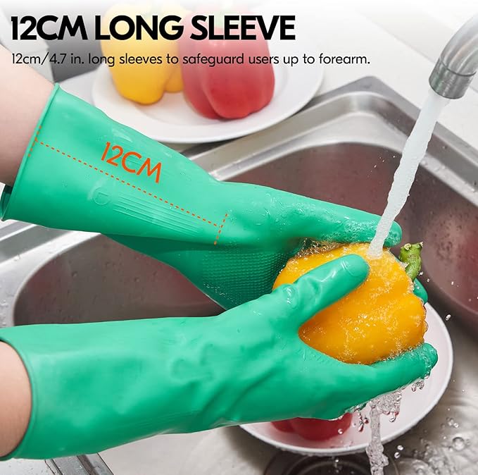 Vgo... 1-Pair Reusable Household Gloves, Rubber Dishwashing gloves, Extra Thickness, Long Sleeves, Kitchen Cleaning, Working, Painting, Gardening, Pet Care (Size S, Green, HH4601)