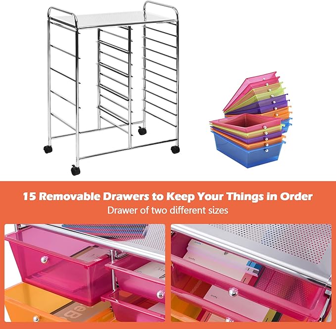 GOFLAME 15-Drawer Rolling Storage Cart, Multipurpose Movable Organizer Cart, Utility Cart for Home, Office, School, Rainbow