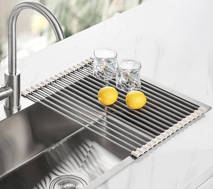 Tomorotec 17.7" x 12.5" Roll Up Dish Drying Rack Over Sink Drying Rack Sink Cover Kitchen Sink Accessories Gadget Multipurpose Organizer Foldable Stainless Steel Drainer