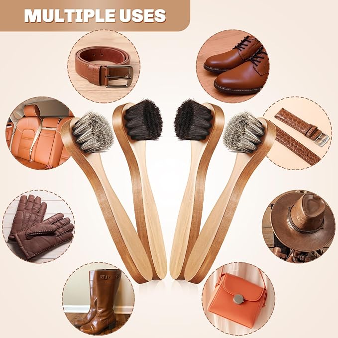 4 Pcs Horsehair Shine Shoes Brush Kit Polish Dauber Applicators Cleaning Leather Shoes Boots Care Brushes Suede Cleaner Brush with Microfiber Shoe Cloth(Wooden Handle B)