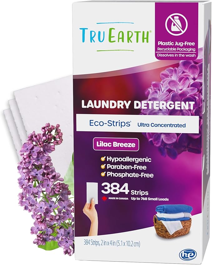 Tru Earth Compact Dry Laundry Detergent Sheets - Up to 768 Loads (384 Count) - Paraben-Free - Original Eco-Strip Liquidless Detergent, Travel Sheets - Lilac Breeze