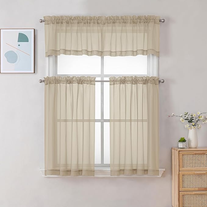 Chyhomenyc Taupe Sheer Curtains 30 inch Length 2 Panels, Light Filtering Voile Rod Pocket Short Window Curtians for Bathroom Living Room Farmhouse Small Windows, 42Wx30L inches