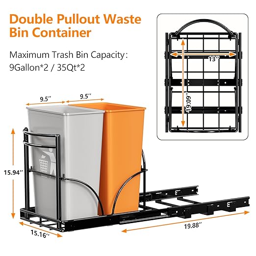 ANASTA Dual Pull Out Trash Can Under Cabinet Rack-No Can Included, Under Sink Trash Can Pull Out Fits Double 7-9 Gal/35 Qt*2 Commercial Trash Bin, Cabinet Garbage Can Required ≥16''Wx 17''Hx 22" D
