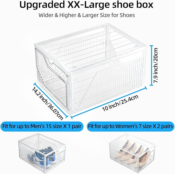 Modular XX-Large Shoe Organizer,6 Pack Shoe Storage Organizer Easy to Assemble,Shoe Box Clear Plastic Stackable,Drop Front Shoe Box with magnetic Door, Containers For Sneaker,Fit up to US Size 15