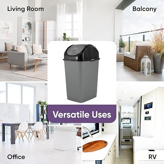 Superio Small Trash Can for Dorm with Lid 4.5 Gallon Plastic Swing Top Slim Garbage Can for Under Sink/Cabinet, Laundry, Kitchen, Office, Bedroom, Bathroom, College, 18 Qt Gray/Black, 2