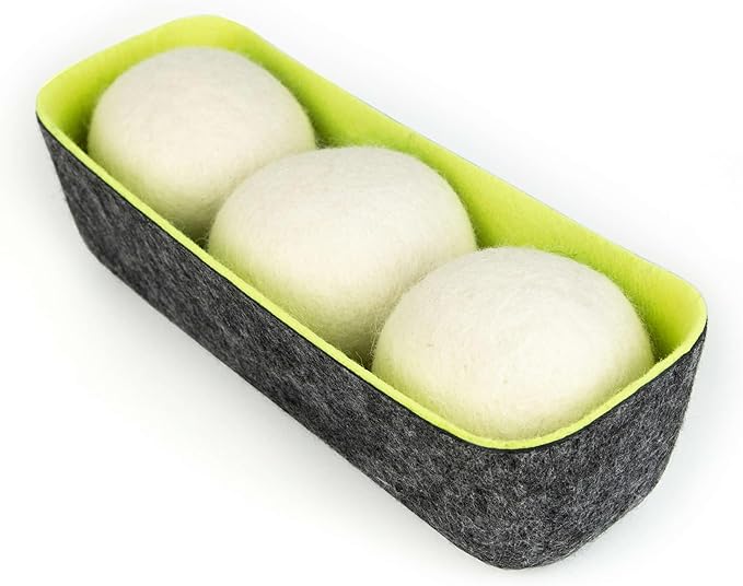 Three by Three Seattle Felt·Like·it!™ XL Wool Dryer Balls + Storage Bin: Reduce Drying Time, Static Cling, and Energy Use | Natural Alternative to Fabric Softeners | (Pack of 3 White Dryer Balls)