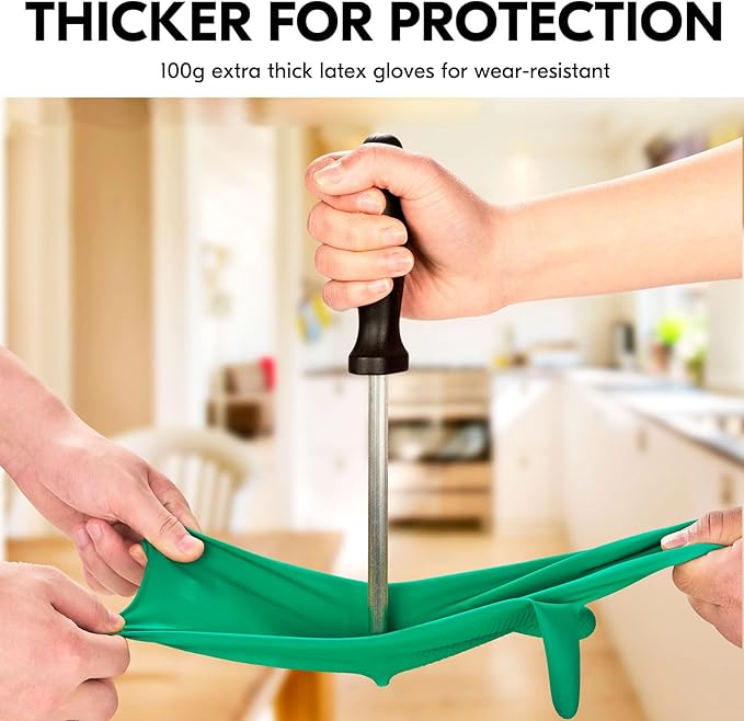 Vgo... 3-Pairs Reusable Household Gloves, Rubber Dishwashing gloves, Extra Thickness, Long Sleeves, Kitchen Cleaning, Working, Painting, Gardening, Pet Care (Size XL, Green, HH4601)