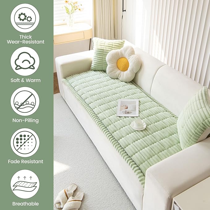 OTOB Couch Covers for 3 Cushion Sofa Pet Friendly, Plush Fuzzy Non Slip Sofa Covers Washable, Soft All Seasons Sofa Slipcovers Furniture Protector Dog Bed Mat (Matcha Green, 27.6" x 82.7")