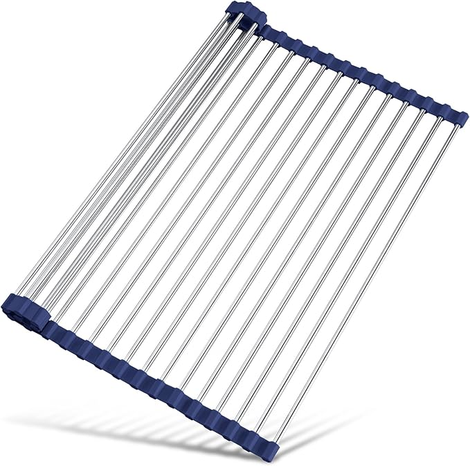 Tomorotec 17.7" x 15.5" Roll Up Dish Drying Rack Over Sink Drying Rack Sink Cover Kitchen Sink Accessories Gadget Multipurpose Organizer Foldable Stainless Steel Drainer