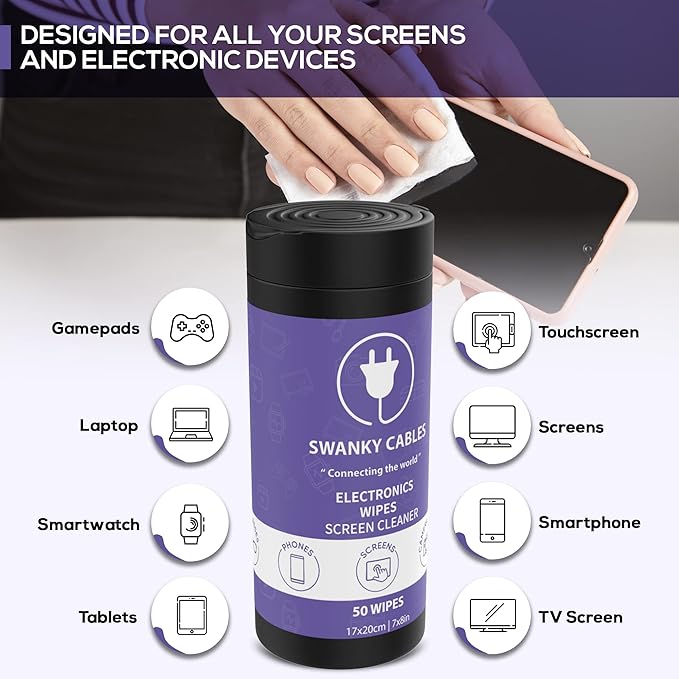 Screen Cleaner Wipes: Electronic Wipes for Screens - Computer Screen Wipes for Lens, Phone, Tv Screen and Monitor Cleaning - Tech Wipes & Microfiber Cloth (Canister, 50 Count)