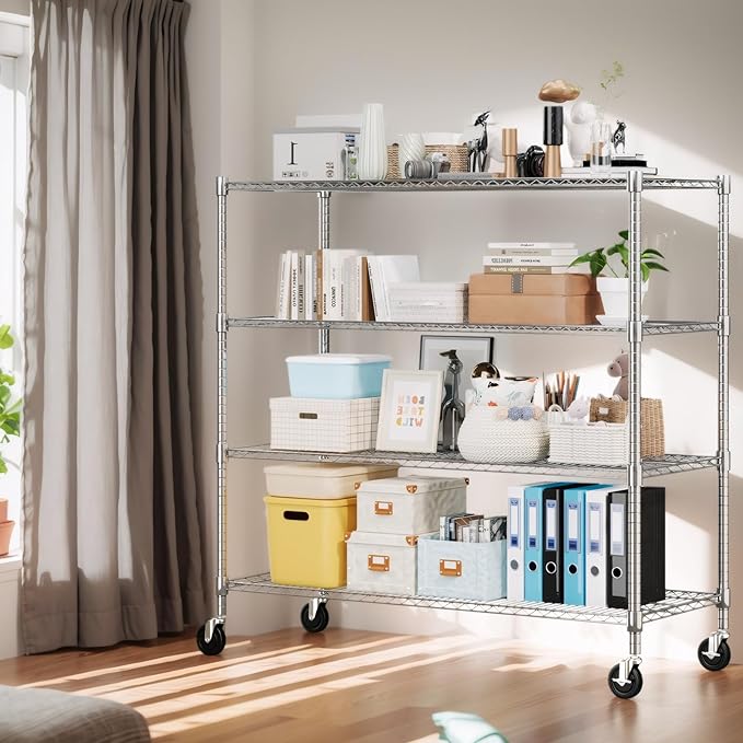 Himimi 72" H Storage Shelves 4 Tier Metal Shelving Adjustable Wire Shelf with Wheels, Heavy Duty Shelving for Garage Kitchen Pantry Bathroom Laundry,18" D*48" W*72" H, Silver