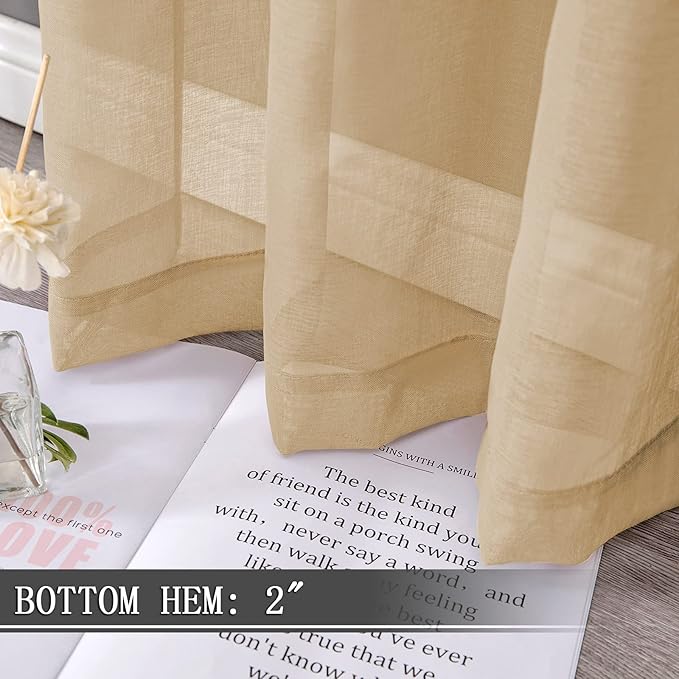 Tollpiz Sheer Curtains Bedroom Linen Textured Curtain Sheers Light Filtering Voile Rod Pocket Curtains for Living Room, 38 x 84 inches Long, Beige, Set of 2 Panels