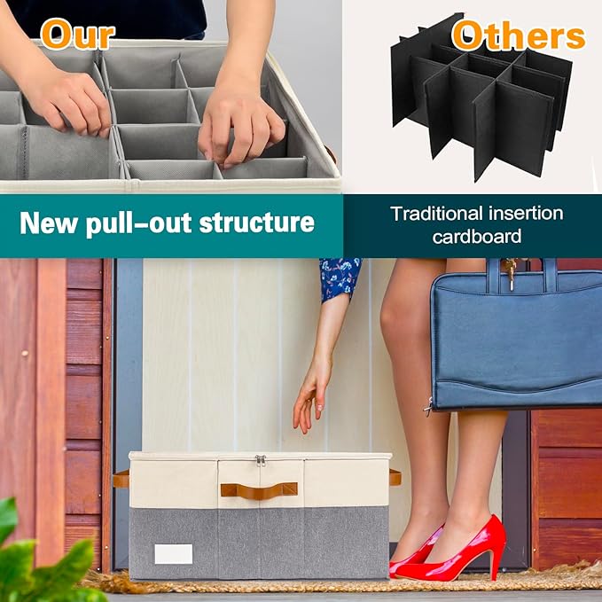 Shoe Organizer for Closet, Foldable Shoe Storage Bins with Clear Cover, Space Saving Shoes Holder with 4 Handles, Large Adjustable Shoe Box Storage Containers, Fits 12-24 Pairs, 2 Pack, Beige