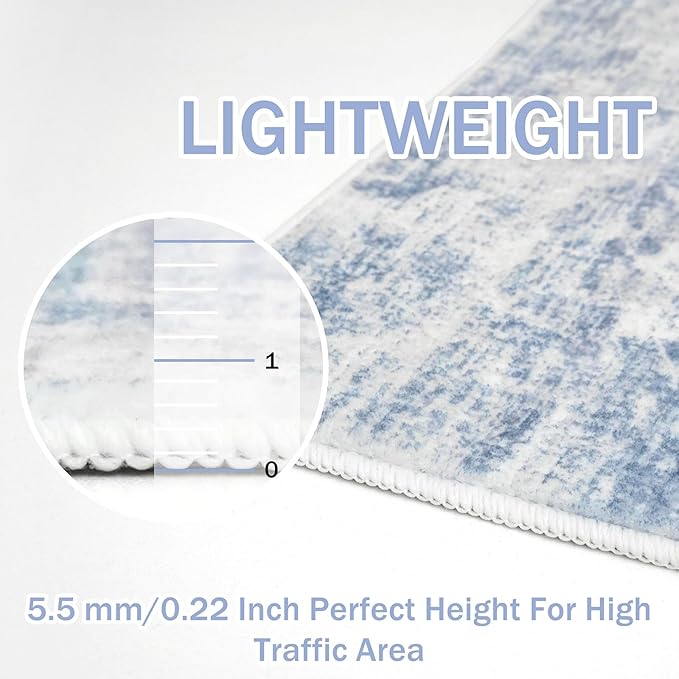 IOHOUZE Abstract Area Rugs 5x7 Ft Washable Rugs for Living Room, Non Slip Dining Room Rug, Printed Faux Wool Rugs for Bedroom, Floor Carpet for Office Nursery Playroom, Light Blue White