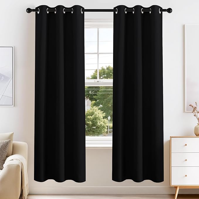 PONY DANCE Blackout Curtains for Bedroom 72 Inch Length 2 Panels Set, Privacy Thermal Insulated Room Darkening Grommet Drapes for Living Room Window, W34 x L72 Inch, Black