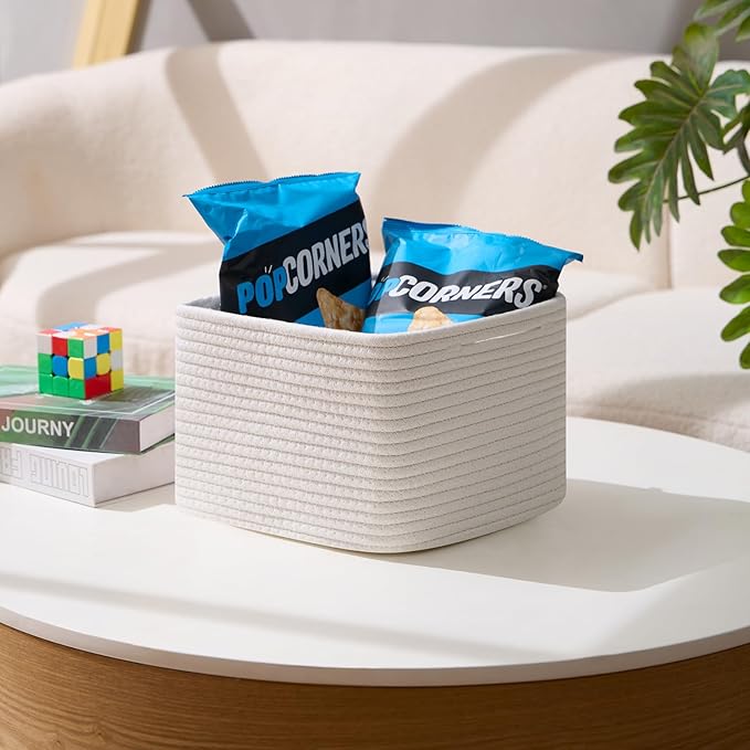 Small Organizing Baskets for Cubes Shelf, 9.7x9.7x7.1 Inch Rope Woven Storage Bins for Nursery Shelves Storage, Cute Toy Basket, Square 3 Packs Off White