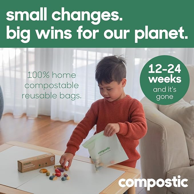 Compostic Home Compostable Resealable Snack Bags (6"x 3.5"), Microwave & Freezer Safe, Organic Food Storage Container, 30 Count (Pack of 2)