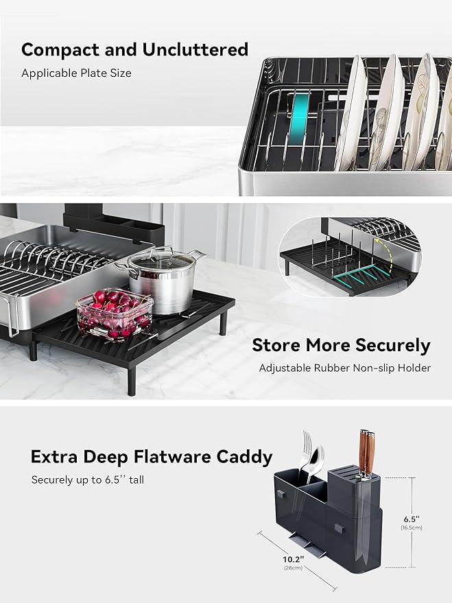 SUNLY Large Dish Drying Rack, Expandable Dish Racks for Kitchen Counter, Space Saving 304 Stainless Steel Drying Rack Kitchen, Extra Large Drainer with Multifunctional Flip Up Pegs, Black