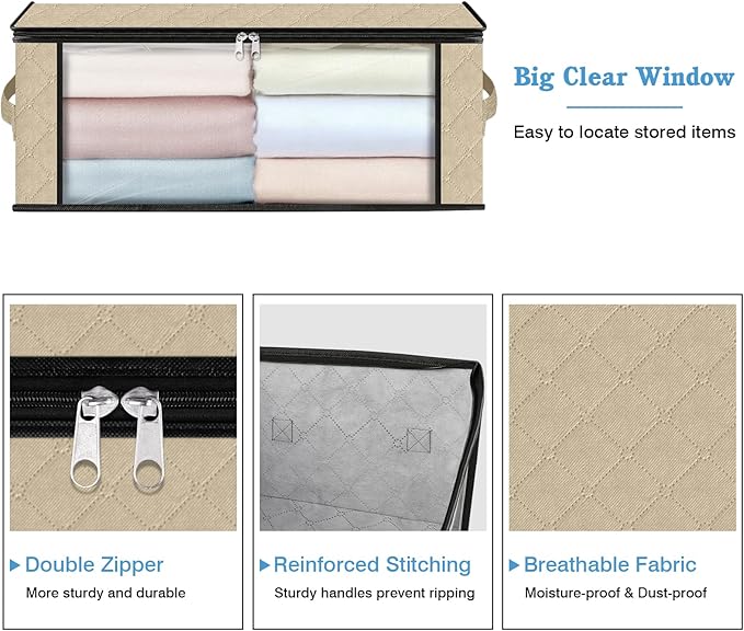 HomeHacks Storage 8-Pack Clothes Organizer Storage Bags Foldable Storage Box with Large Clear Window Sturdy Handles for Closet, Dorm, Pillows, Bedding, Clothes, Blankets, 35L, Beige