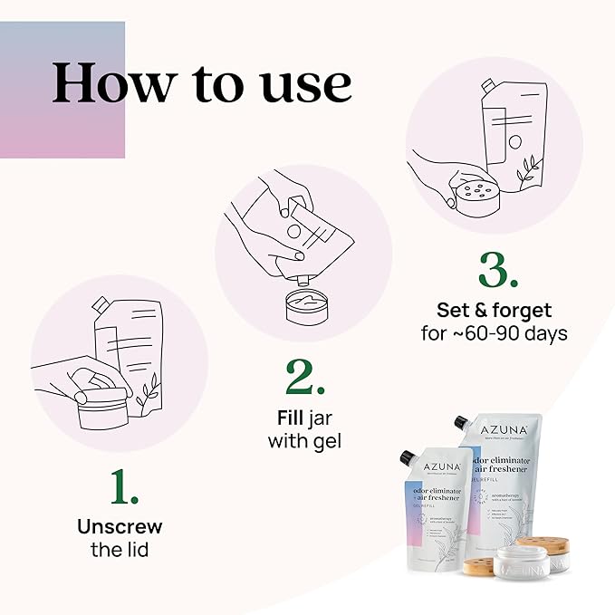 Azuna Air Freshener & Odor Eliminator for Strong Odor | 2 Room Kit Includes (2) 8 oz. Empty Luxe Glass Jars & 12 oz | Refill with Tea Tree Essential Oil Gel | Aromatherapy | Last 60-90 Days