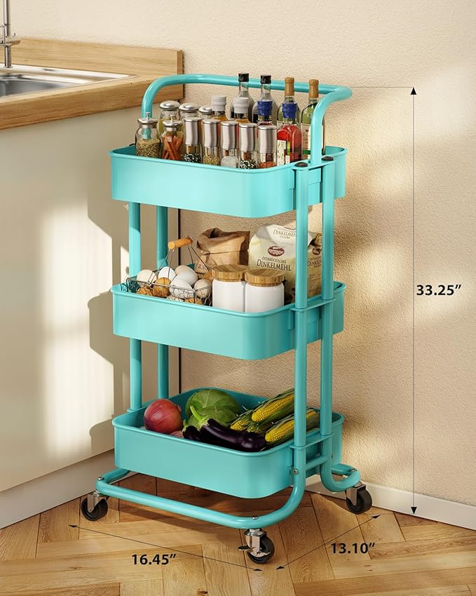 Pipishell 3 Tier Mesh Utility Cart, Rolling Metal Organization Cart with Handle and Lockable Wheels, Multifunctional Storage Shelves for Kitchen Living Room Office Turquoise