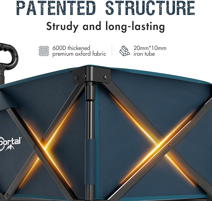 PORTAL Collapsible Wagon with Brakes, Heavy Duty Utility Cart with All-Terrain Wheels, Portable Folding Wagons for Camping, Beach, Garden, Shopping, and Groceries