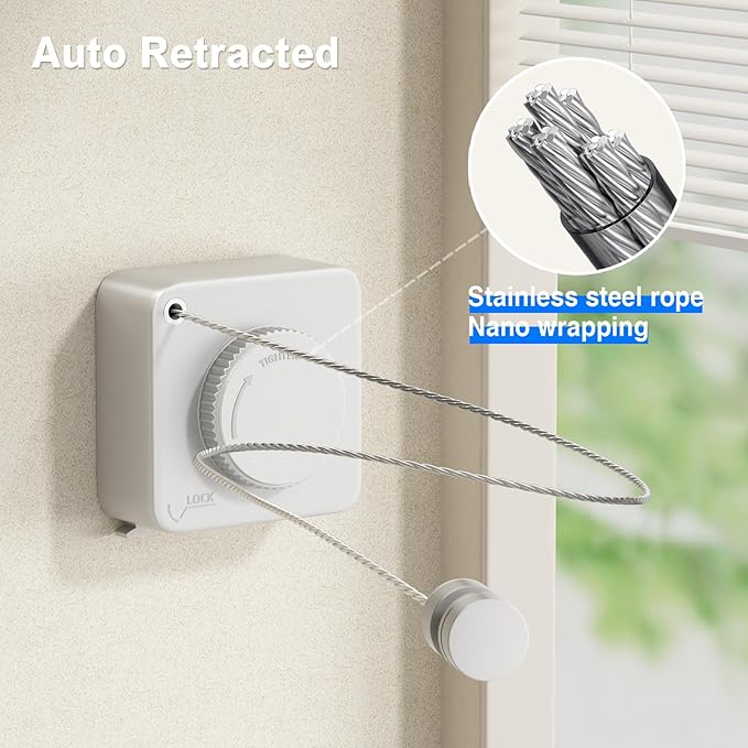 Retractable Clothesline Indoor, Non-Sagging Outdoor Clothes Line Retracting Heavy Duty Clothes Drying Laundry Line Wall Mounted Stainless Steel Line-15.1 Feets(Square-White)