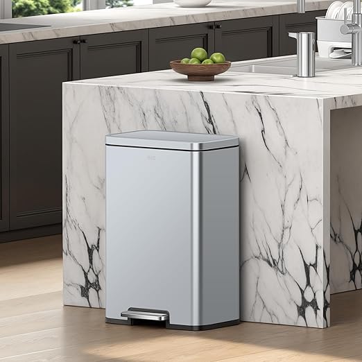EKO Madison Matte Grey Stainless Steel 50 Liter/13.2 Gallon Step Trash Can with Inner Liner - Fingerprint Resistant Finish