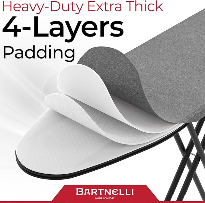 Bartnelli by Rorets Ironing Board Made in Europe | Iron Board with 4 Layered Cover & Pad, Height Adjustable up to 36" Features A Safety Iron Rest, 4 Steel Legs, for Laundry Room or Dorm Use (43x14)