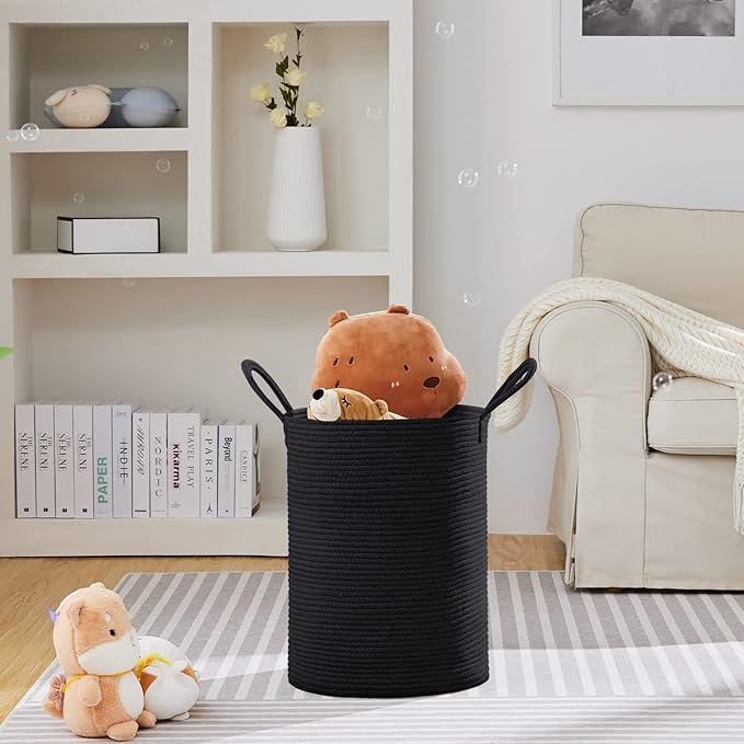 VIPOSCO Large Laundry Hamper, Tall Woven Rope Storage Basket for Blanket, Toys, Dirty Clothes in Living Room, Bathroom, Bedroom - 58L Black