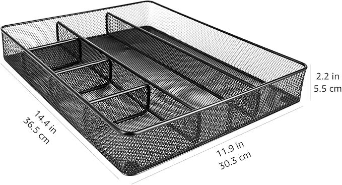 Amazon Basics Desk Drawer Organizer for Office and Home, Metal Mesh, Anti-Slip, 6 Compartments, Black