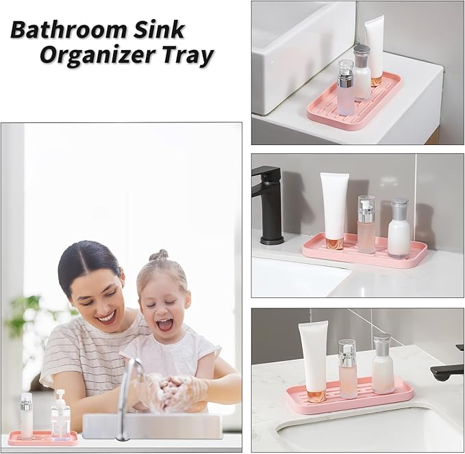 Silicone Kitchen Sink Organizer Tray for Multiple Usage,Easy Clean,Eco-Friendly Sponges Holder for Kitchen Bathroom Counter or Sink,Dish Soap Dispenser,Scrubber,Bottle,Cup Pink 10”x 5.3”
