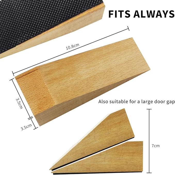 4 Pack Wooden Door Stop - Non-Slip Door Stoppers for Floor - Door Wedges for All Door Types and Surfaces - Each Door Stopper 1.4inch Thick, 4.3inch Long with Rubber