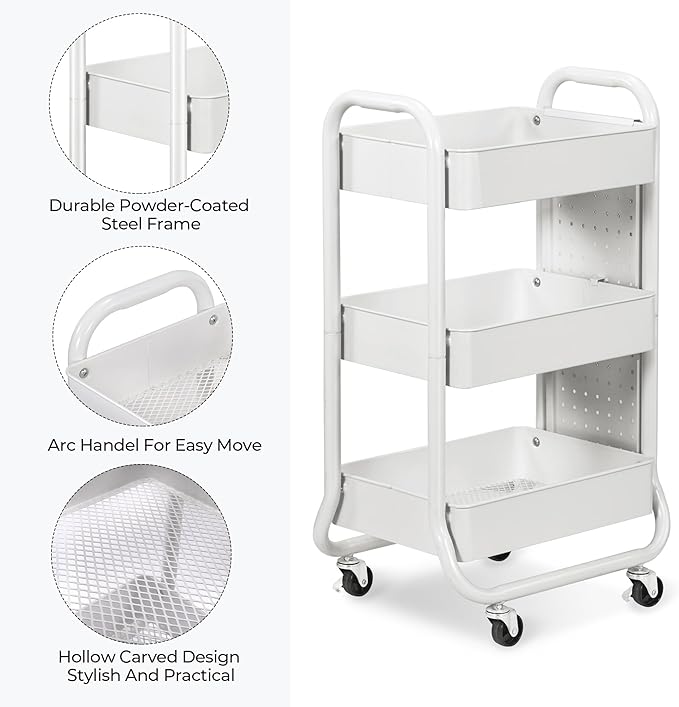 DESIGNA 3-Tier Rolling Cart, Utility Cart with Handle, Extra 3 Storage Accessories, Removable Pegboard, Easy Assembly Craft Carts for Kitchen, Bathroom, Office, Metal, White