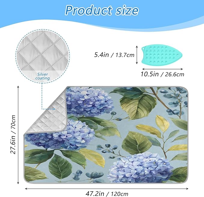 Watercolor Blue Hydrangea Ironing Mat Thickened Ironing Blanket Travel Portable Double-Side Using Ironing Pad Travel Isolate Heat Pad Cover for Washer Dryer Table Top Countertop 27.6x47.2in