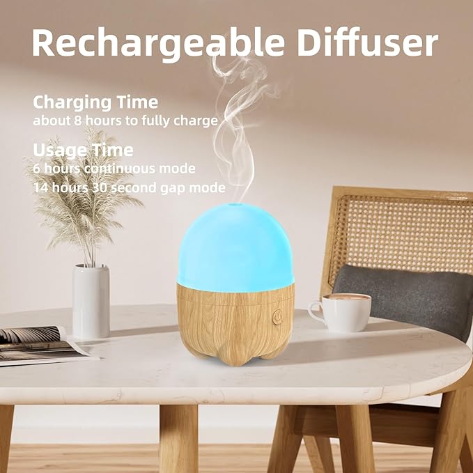 150ML Rechargeable Battery Essential Oil Diffuser, Portable Cordless Aromatherapy Diffuser with 7 LED Color Changing Lights, for Bedroom, Office, Outdoor