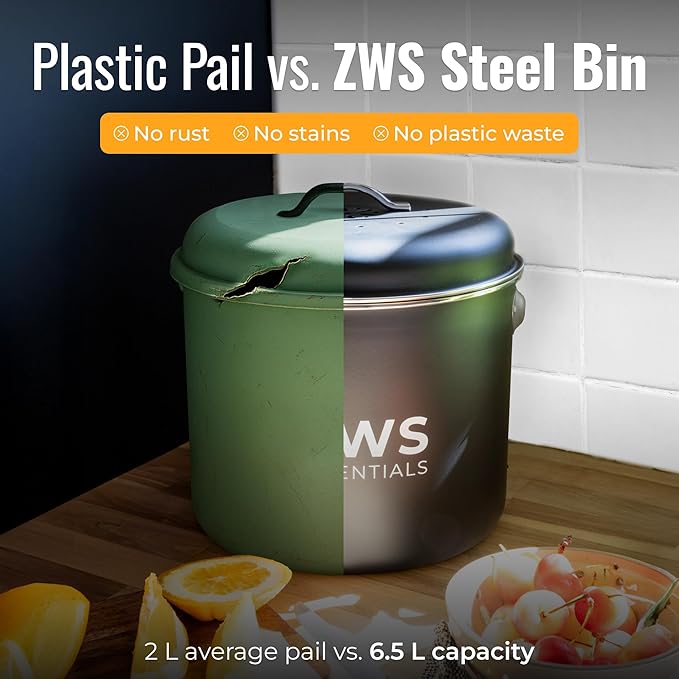 Black Stainless Steel Compost Bin | 6.5L Odor-Free Kitchen Countertop Food Scrap Pail with Charcoal Filter | Compact Zero Waste Solution for Home and Apartment Kitchens