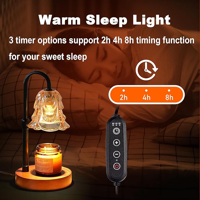 Candle Warmer Lamp with Timer and Dimmer - Adjustable Height Wax Melt Warmer, 4 Brightness Levels, 2/4/8H Timer, Wood Base & Glass Shade, Includes 2 GU10 Halogen Bulbs for Home Decor
