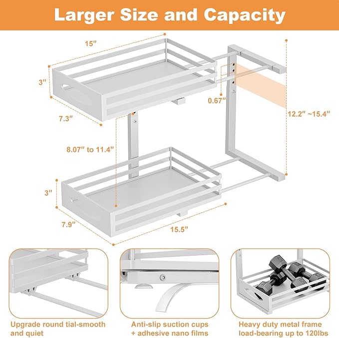 Under Sink Organizer, 2 Tier Under Sink Organizers and Storage, Adjustable Height, Slide Out Metal Cabinet Organizers, Pull Out Cabinet Storage Drawer Shelf for Kitchen Bathroom White, 1 Pack