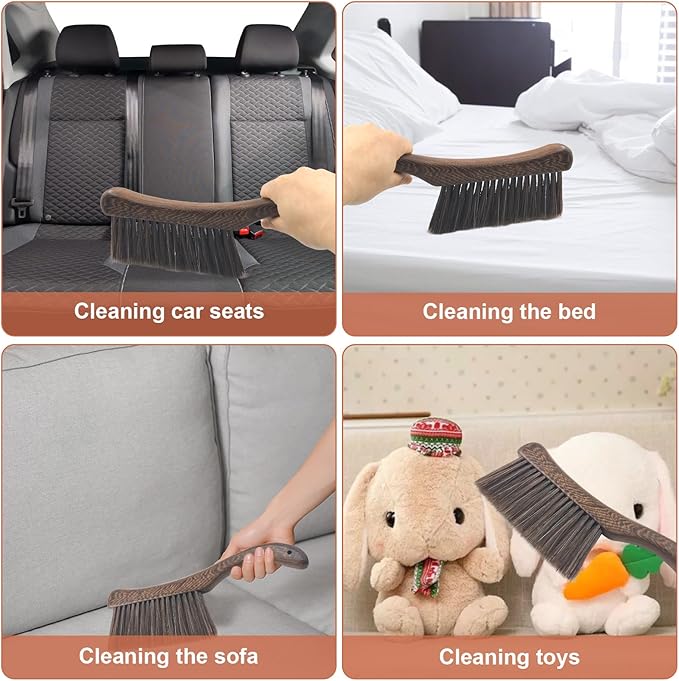 Hand Broom Brush, Wooden Handle Soft Bristle Cleaning Dust Brush,Bench Brushes with Bristlesfor Furniture, Bed, Car, Bench, Crevice Cleans, Sofa, Fireplace, Clothes（Curved Handle）