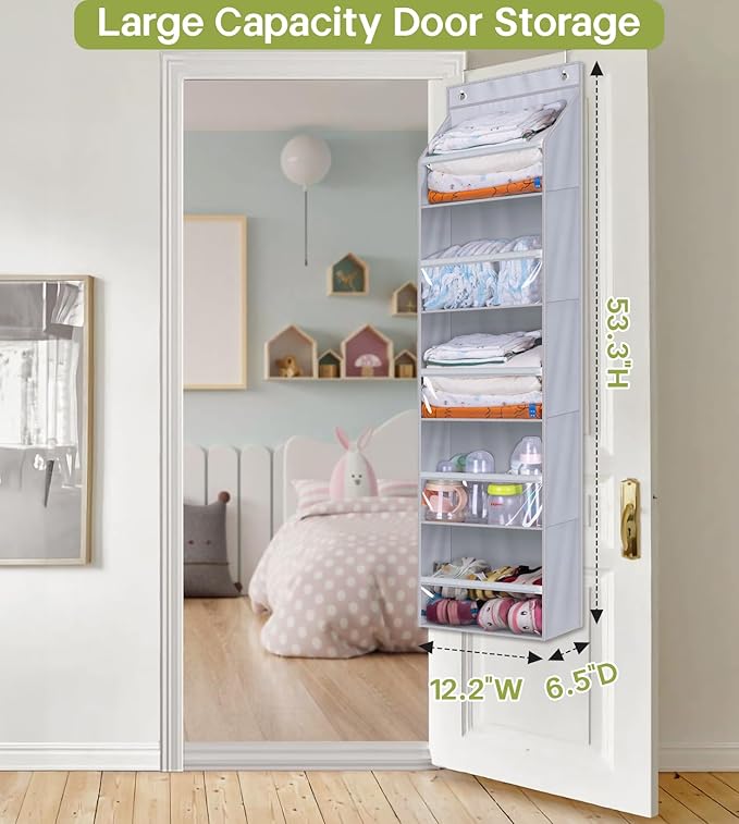 AOODA Over the Door Organizer, Large Capacity Closet Door Hanging Organizer, Clear Deep Pockets Baby Storage for Nursery, Bathroom, Bedroom, Pantry, Diapers (Grey)